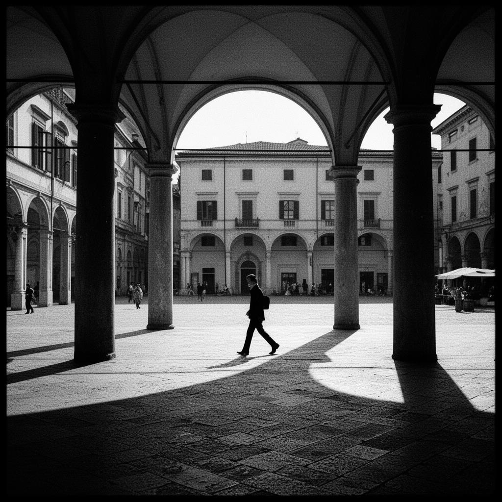 Sort/hvid gadefotografi i Henri Cartier-Bresson-stil — figur under porticoer