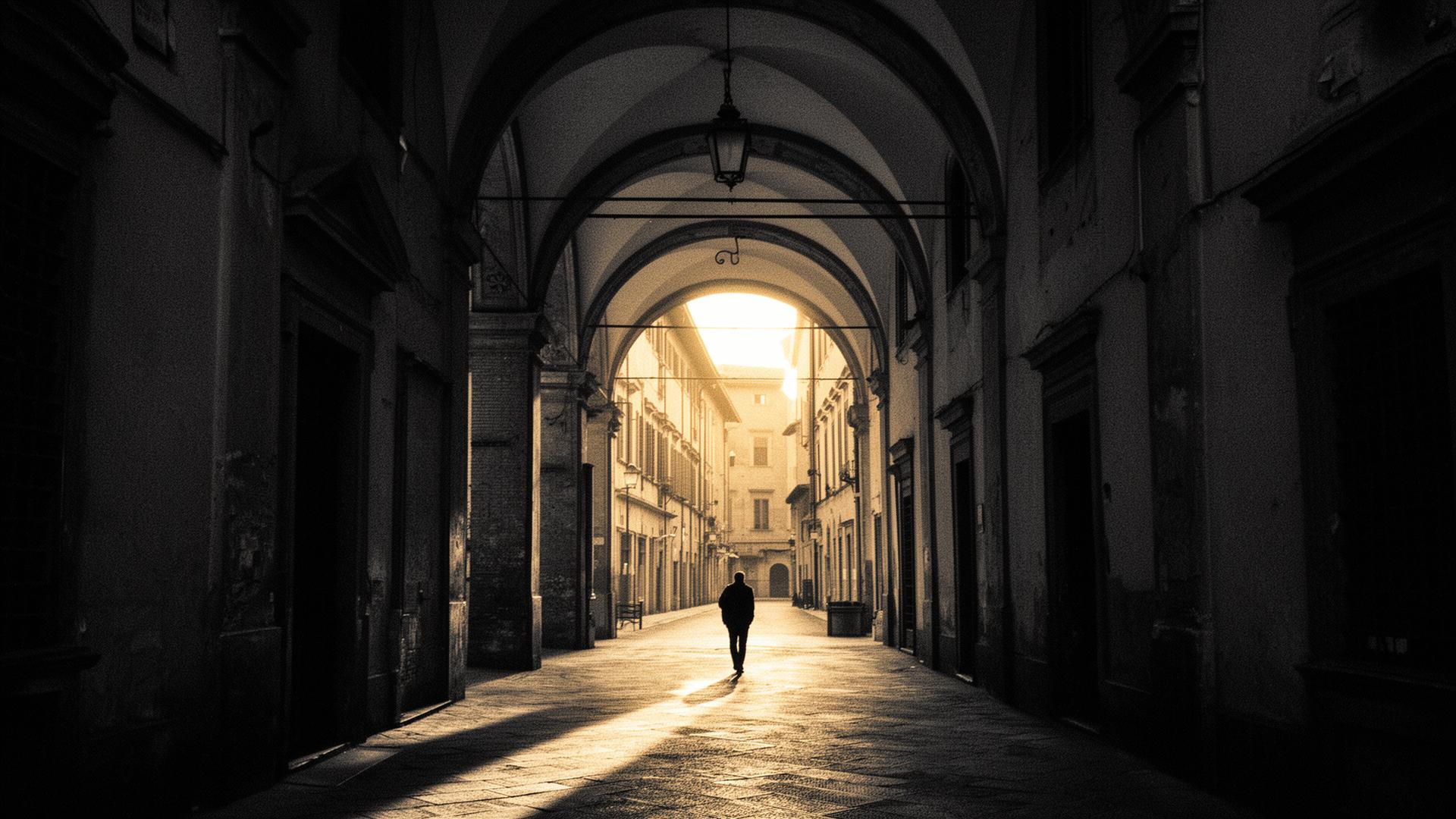Bologna i gyldent eftermiddagslys, set gennem porticoens buer
